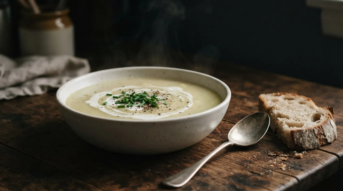 A bowl of leek and potato soup with cream and chives