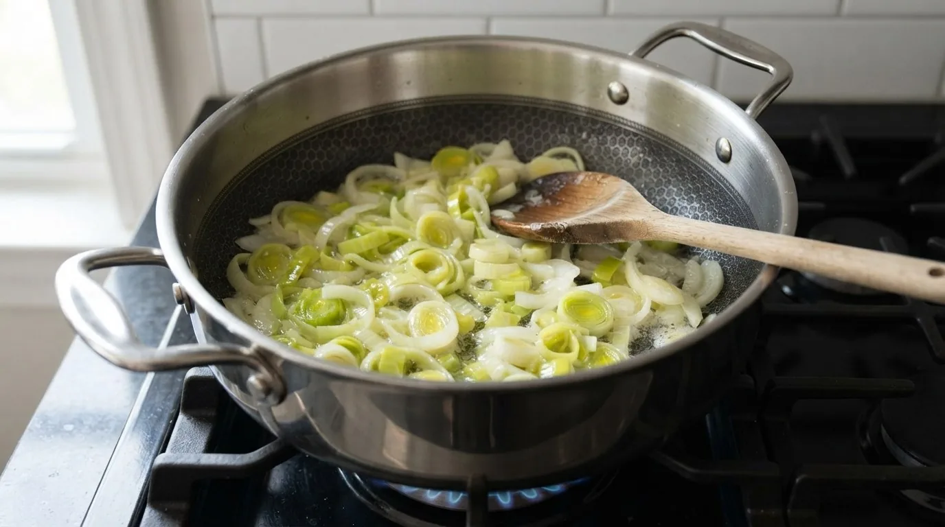Sliced leeks and onion sweating in butter until soft and translucent, not browned