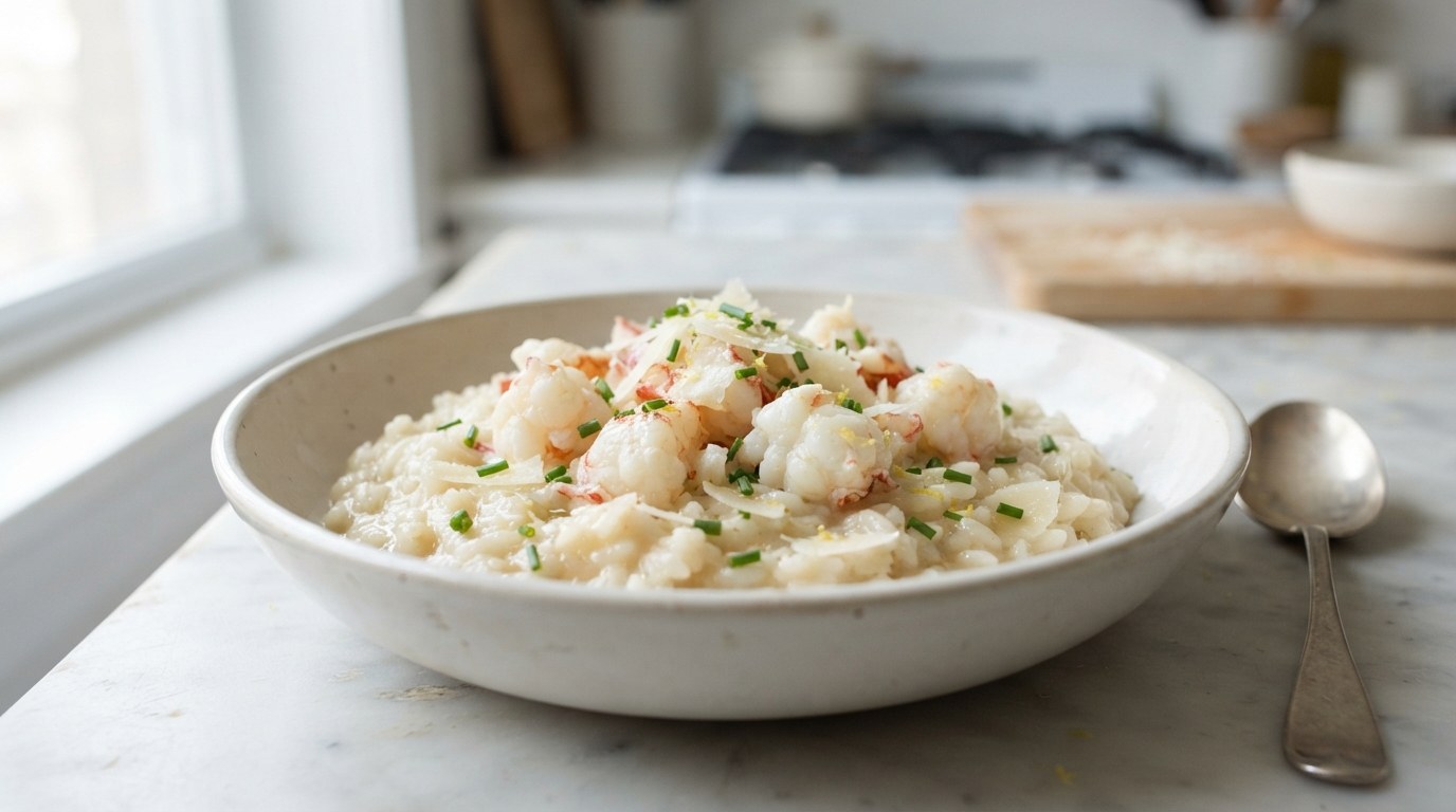 A white bowl of creamy lobster risotto topped with chunks of lobster meat and chives