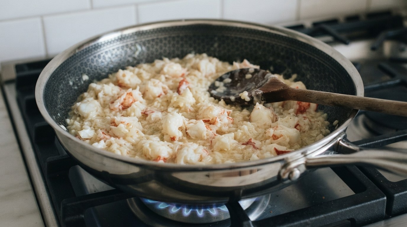 A creamy finished lobster risotto in a pan with chunks of lobster meat being folded through, glossy and loose