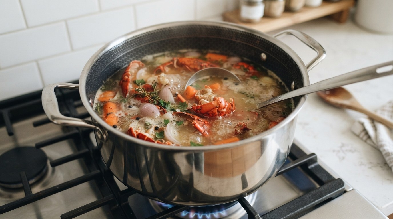 Roasted lobster shells simmering in a pot of pale stock with a chopped shallot and carrot, a light orange broth forming