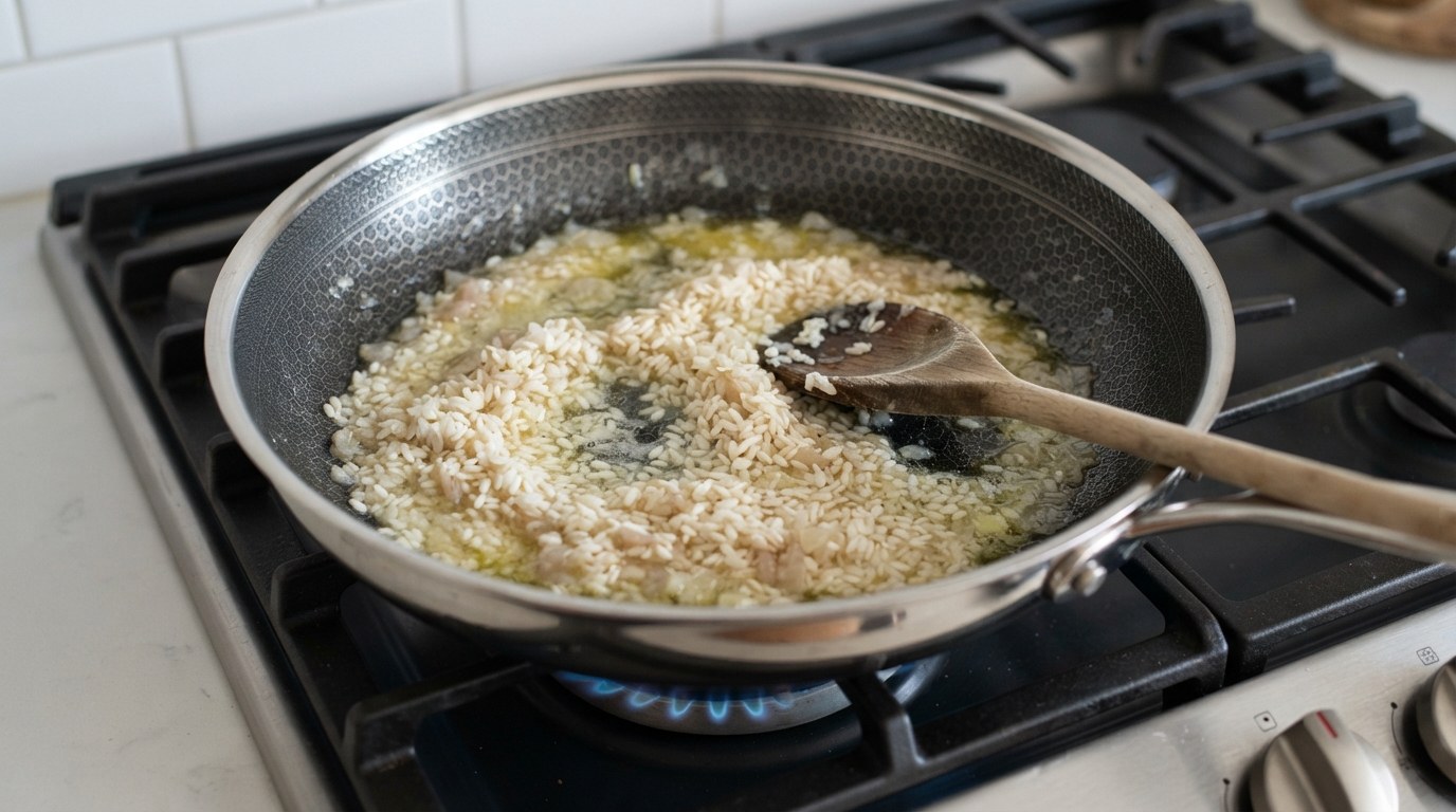 Dry Arborio rice and chopped shallot toasting in butter in a wide pan, the grains turning translucent at the edges with white centers