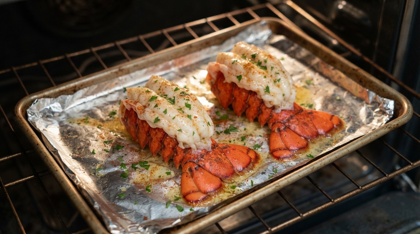 Two butterflied lobster tails baking on a foil-lined tray in the oven, brushed with garlic-lemon butter and paprika
