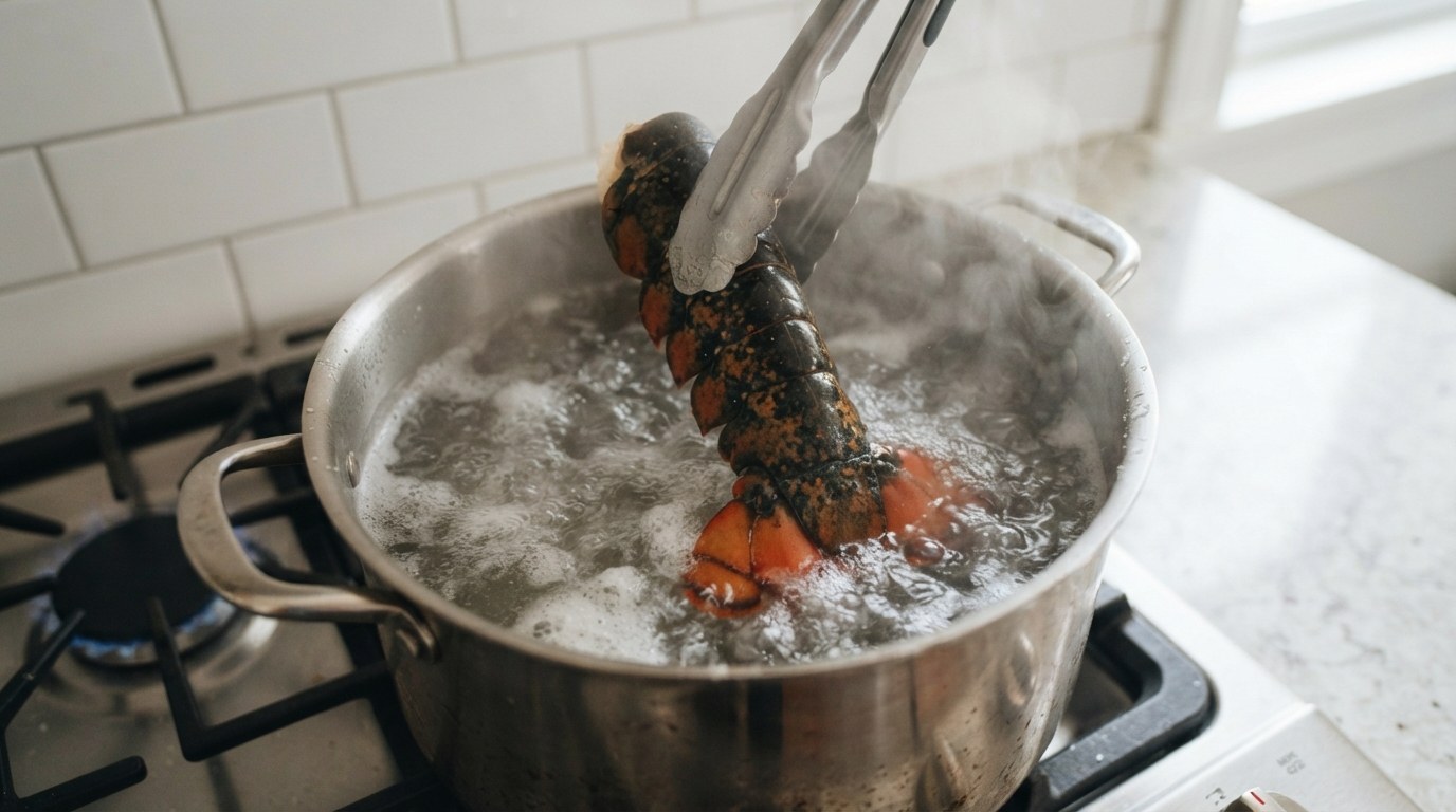 Two lobster tails simmering in a pot of boiling water, shells turned bright red