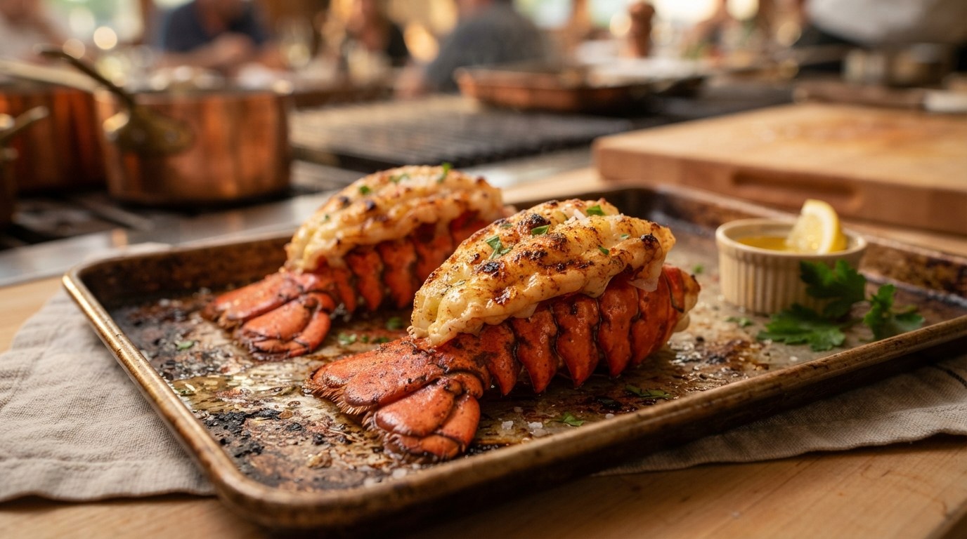 Two broiled butterflied lobster tails on a sheet pan with garlic butter and paprika