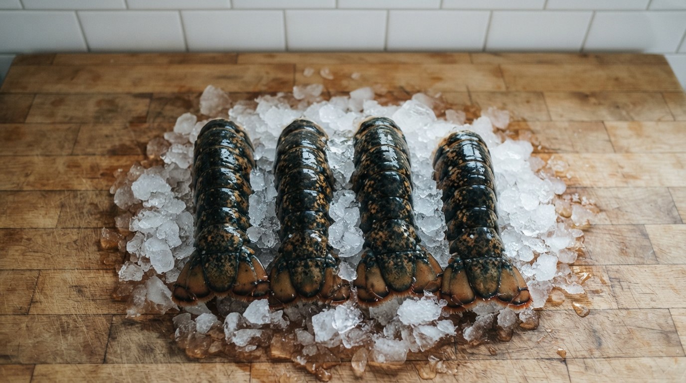 Four raw whole lobster tails on crushed ice, shells dark and mottled before cooking