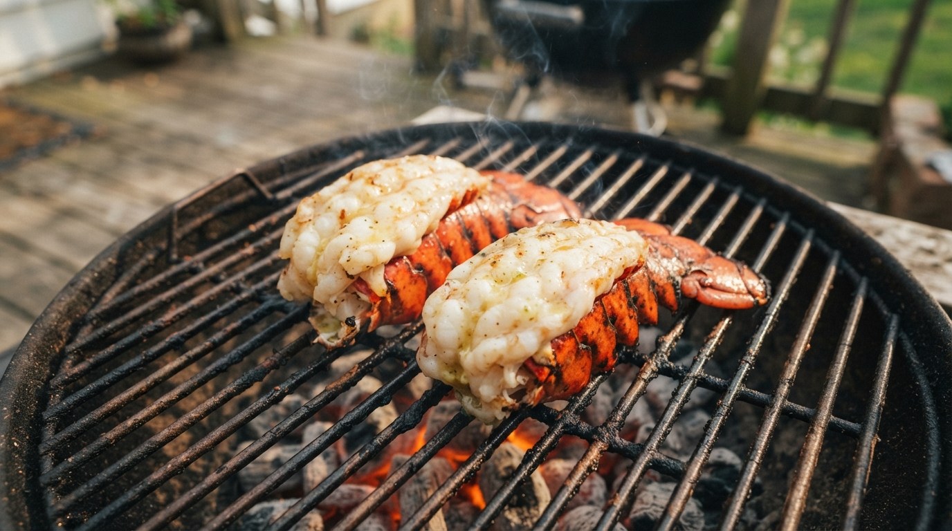 Two butterflied lobster tails grilling over coals with char marks, glossy with garlic-lemon butter