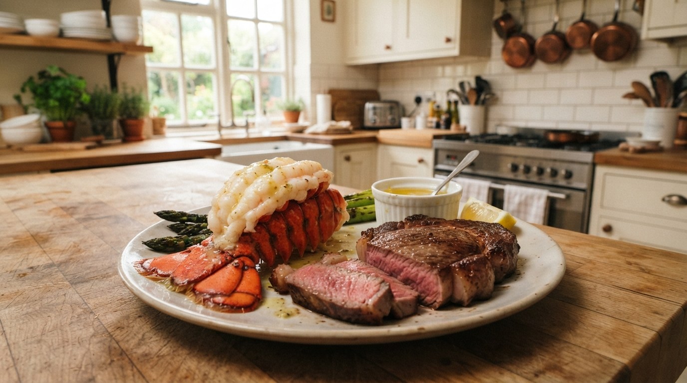A broiled lobster tail served surf-and-turf with a seared steak, drawn butter, lemon, and asparagus