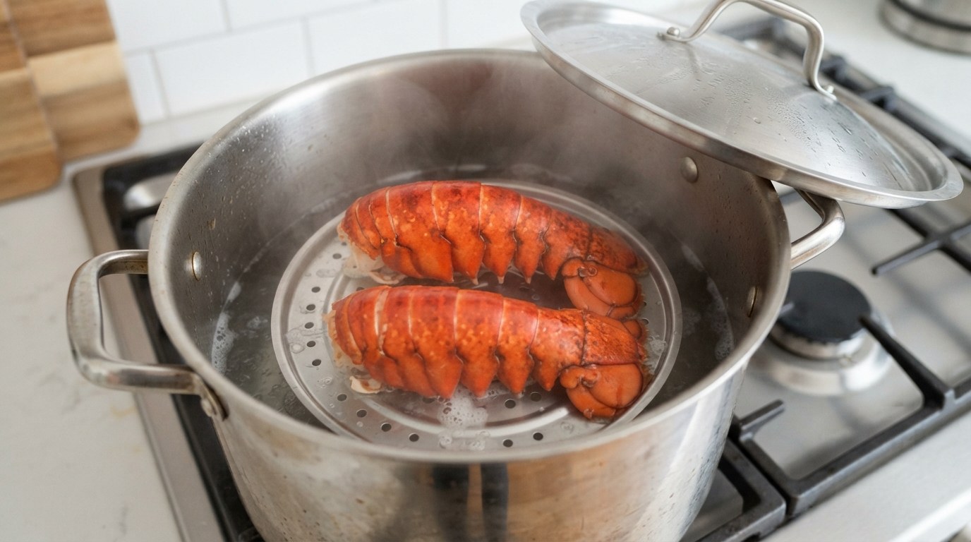 Two lobster tails steaming on a rack in a covered pot, shells turned bright red