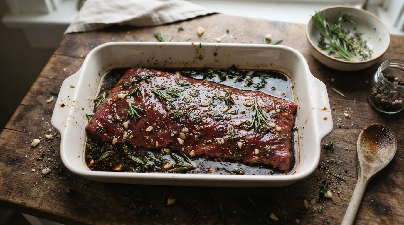 A lean London broil steak marinating in a soy, garlic, and herb marinade