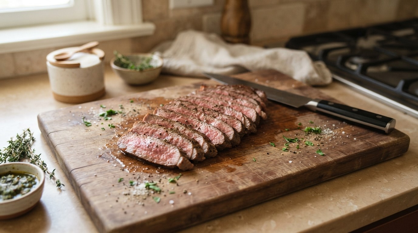 A rested London broil being sliced very thin at an angle across the grain