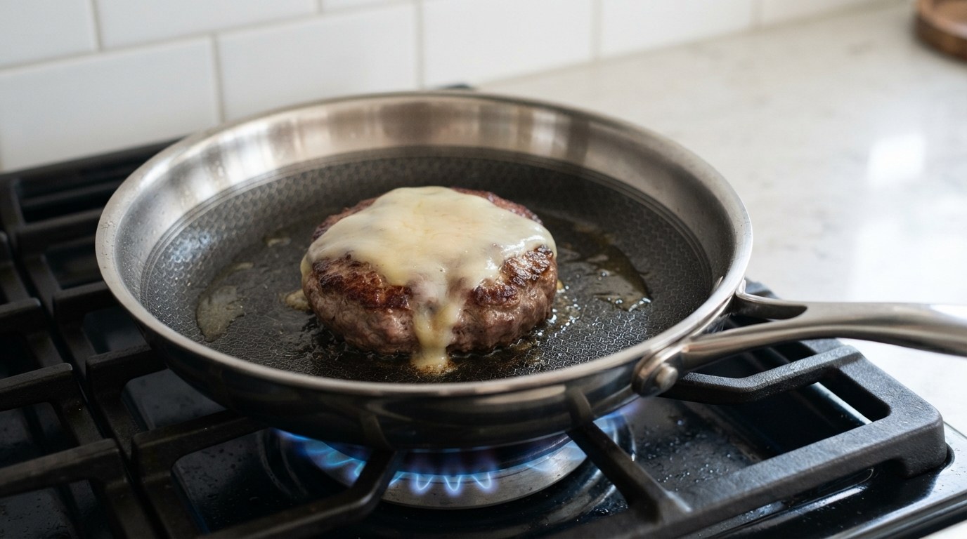 A thick seared wagyu patty in a skillet with pale Dubliner cheese melted smooth over the top and down the sides