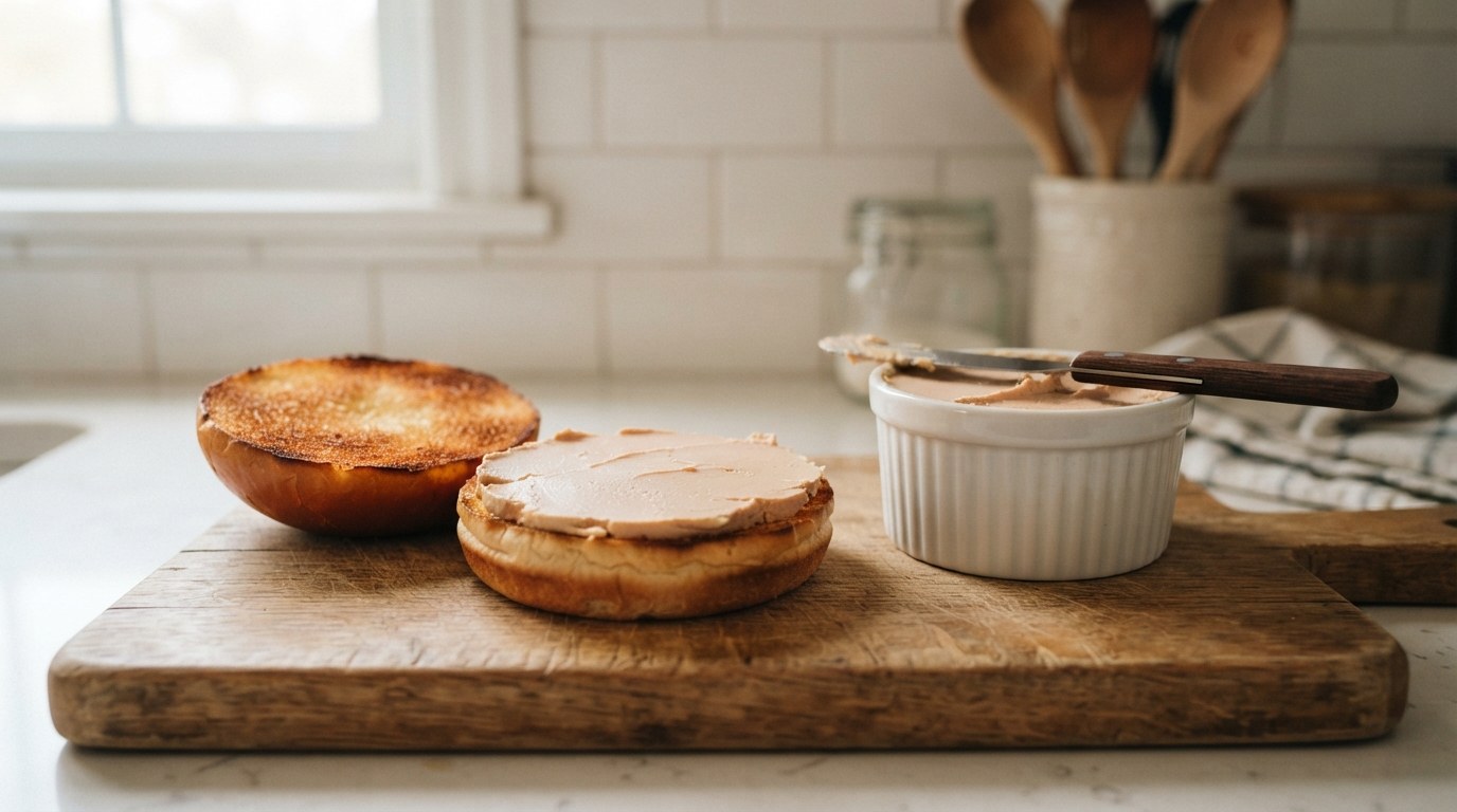 Toasted burger bun halves on a wooden board, the bottom half spread with smooth pale foie gras mousse, a ramekin of mousse beside it