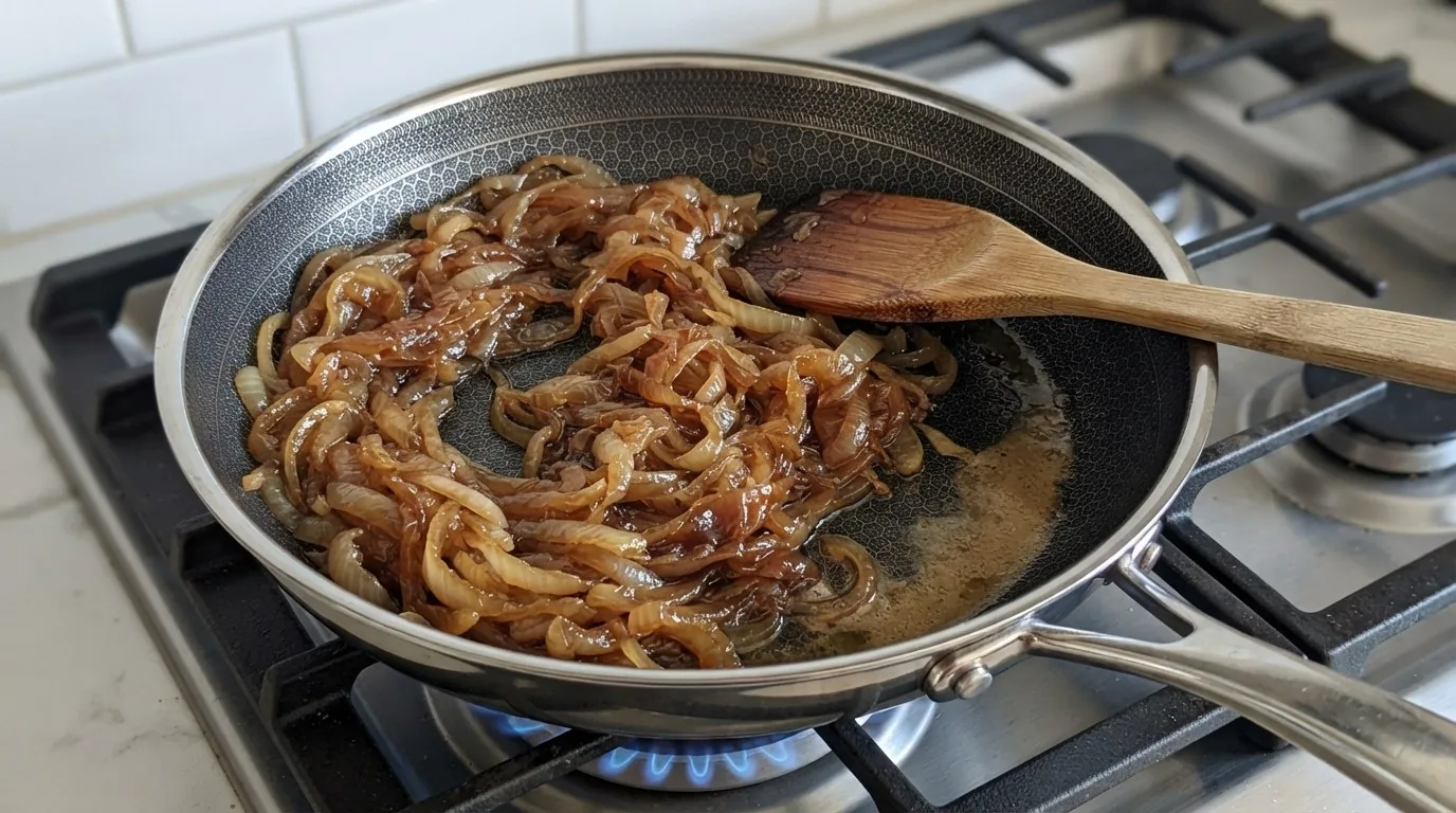 Thinly sliced onions cooked down to a soft, deep amber-brown heap in a skillet with a wooden spatula