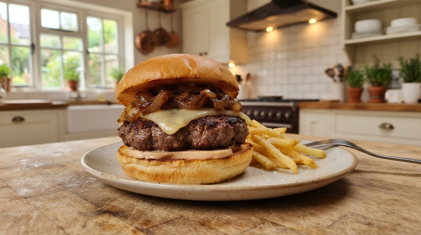 Gordon Ramsay Luxe Royale burger with wagyu, Dubliner, caramelized onions and foie gras spread