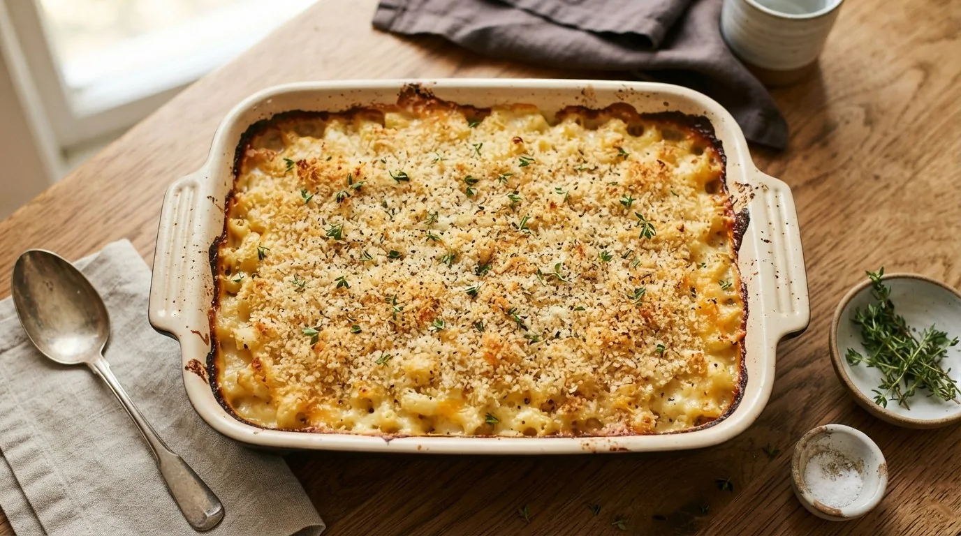 A finished baked mac and cheese with an even golden-brown breadcrumb top flecked with thyme