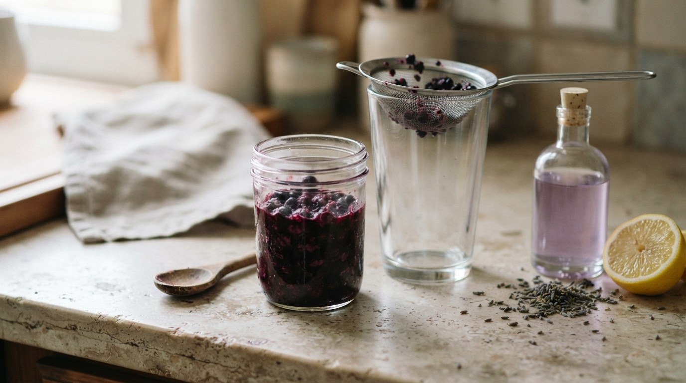 A jar of muddled blueberries beside a fine-mesh strainer over a glass, a bottle of pale lavender syrup, dried lavender and a lemon half