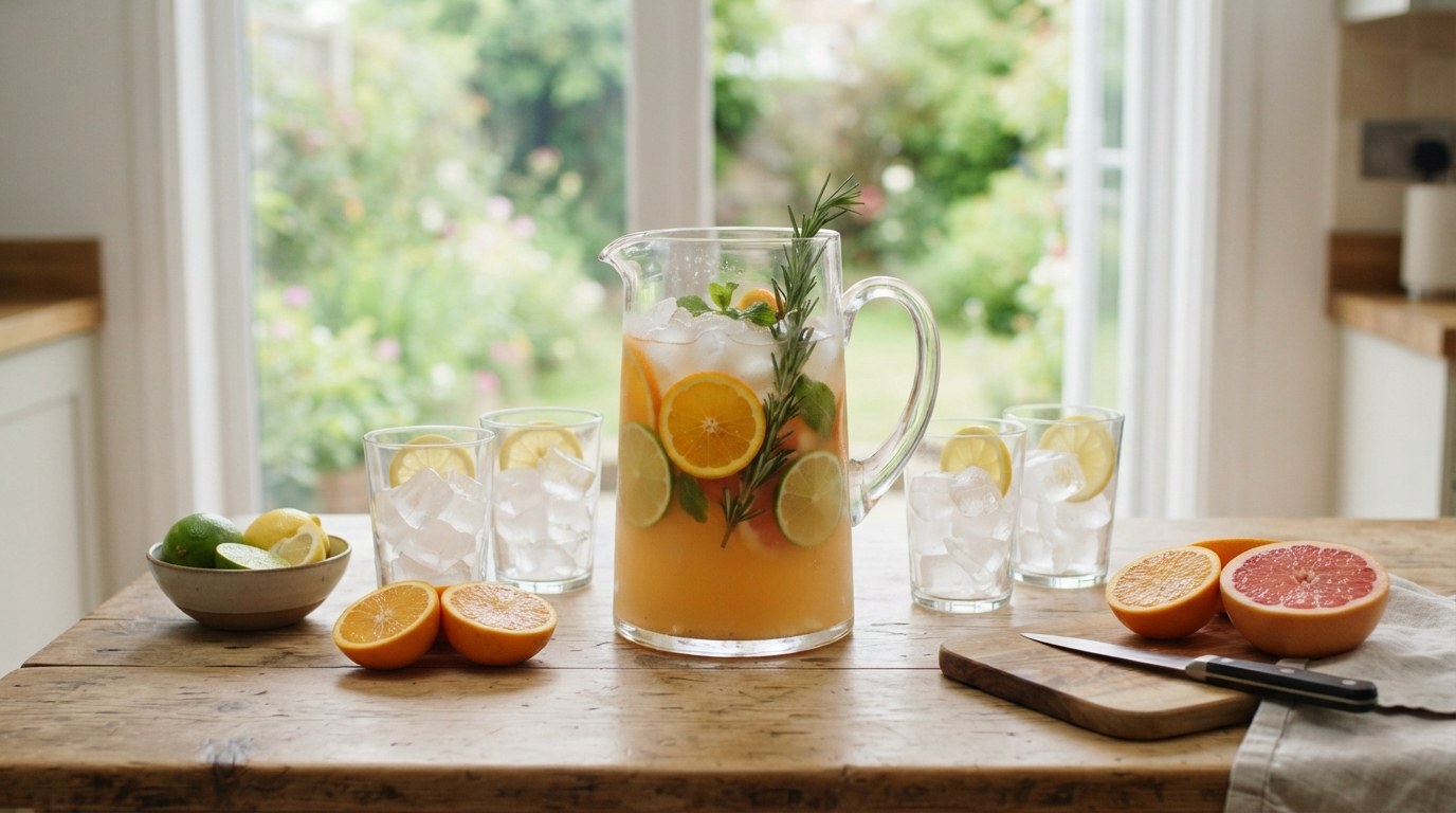 A glass pitcher of pale orange citrus mocktail with rosemary, mint and citrus wheels, surrounded by glasses of ice and halved grapefruit and oranges