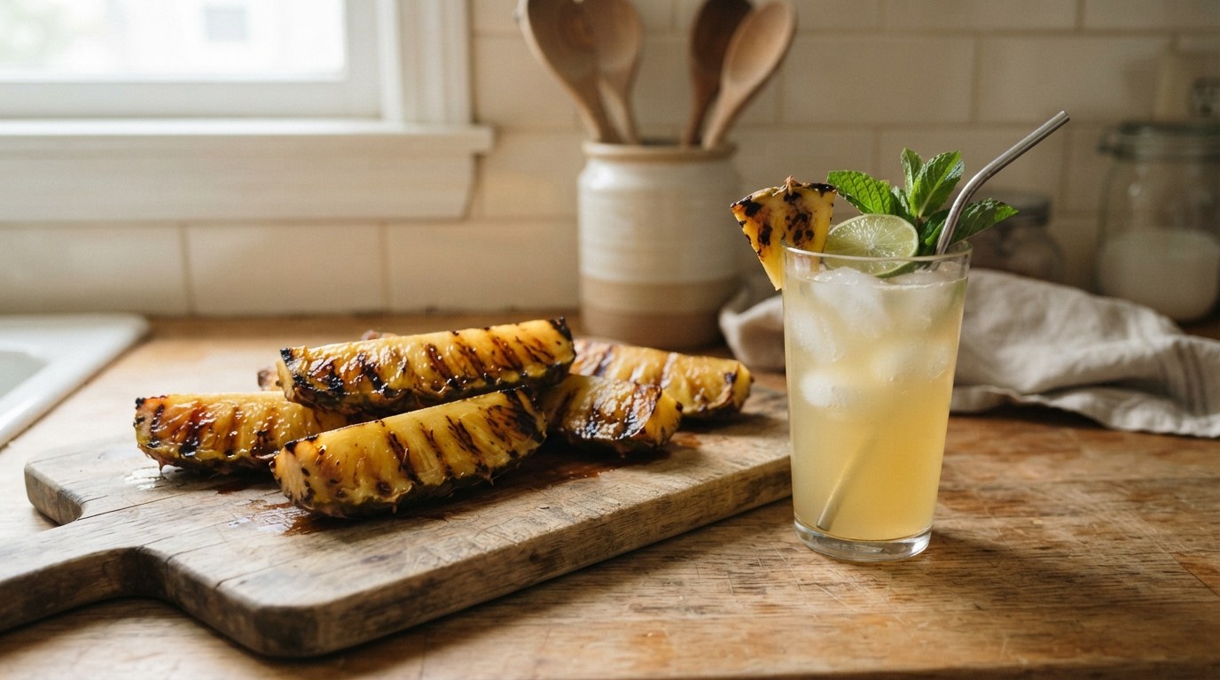 Grilled pineapple spears with dark char stripes on a wooden board beside a tall pineapple-lime fizz with mint