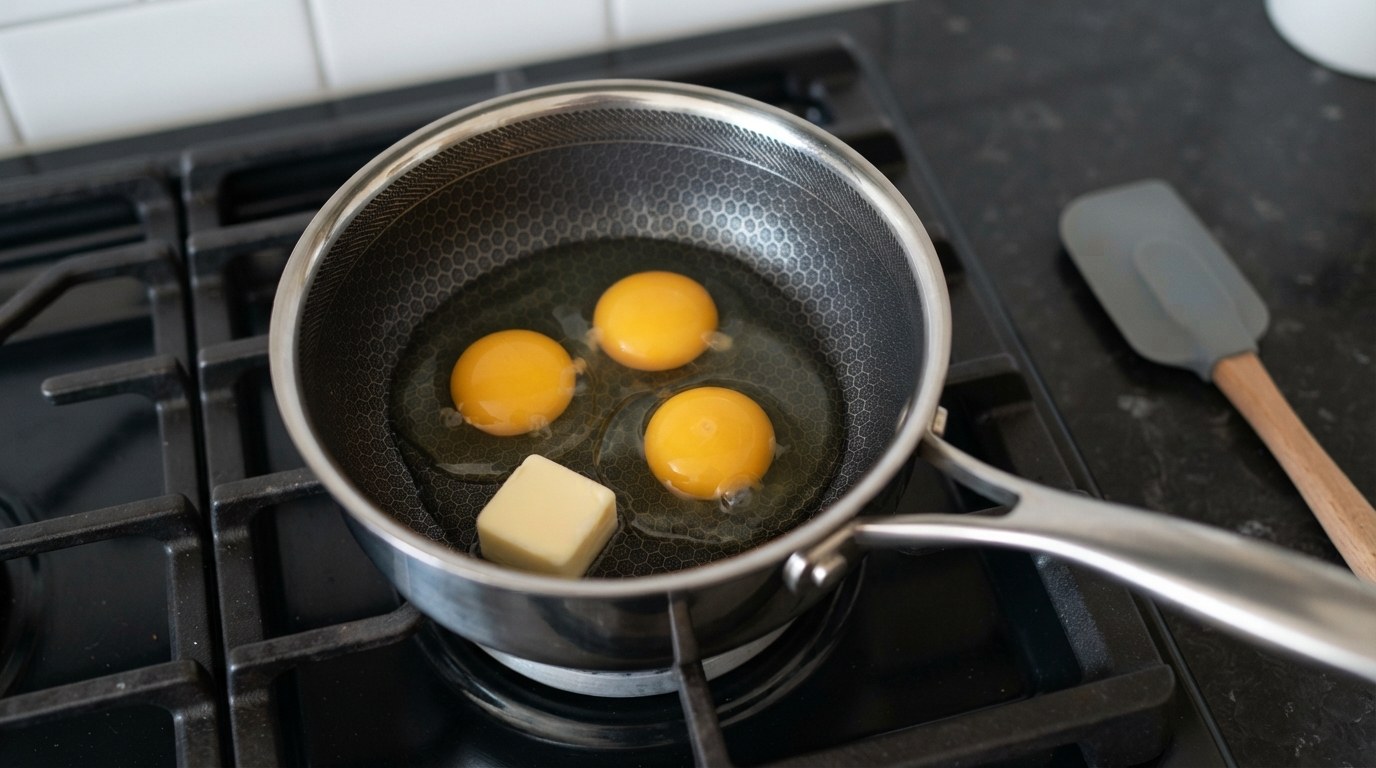 Three whole unbeaten eggs and a cube of cold butter in a small cold nonstick saucepan before the heat goes on