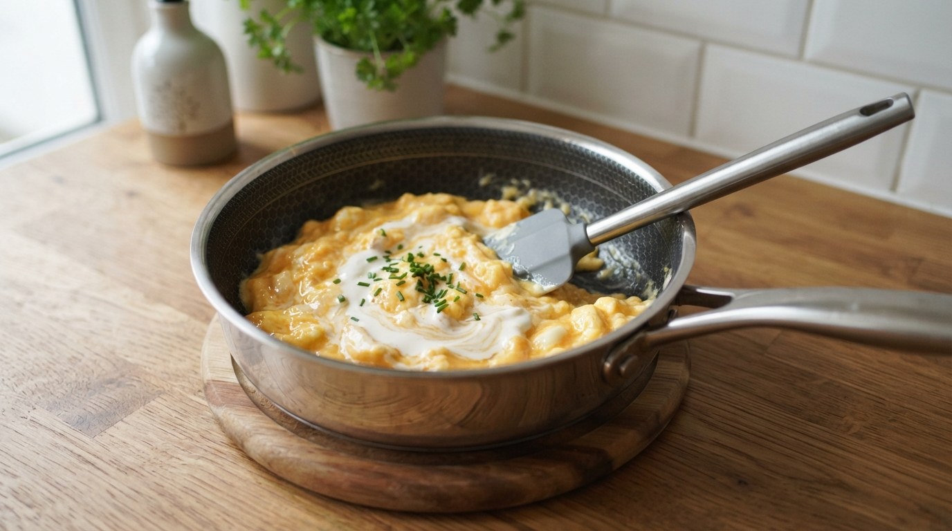 Finished scrambled eggs in a small saucepan set on a wooden trivet, with a spoonful of crème fraîche stirred in and chives on top