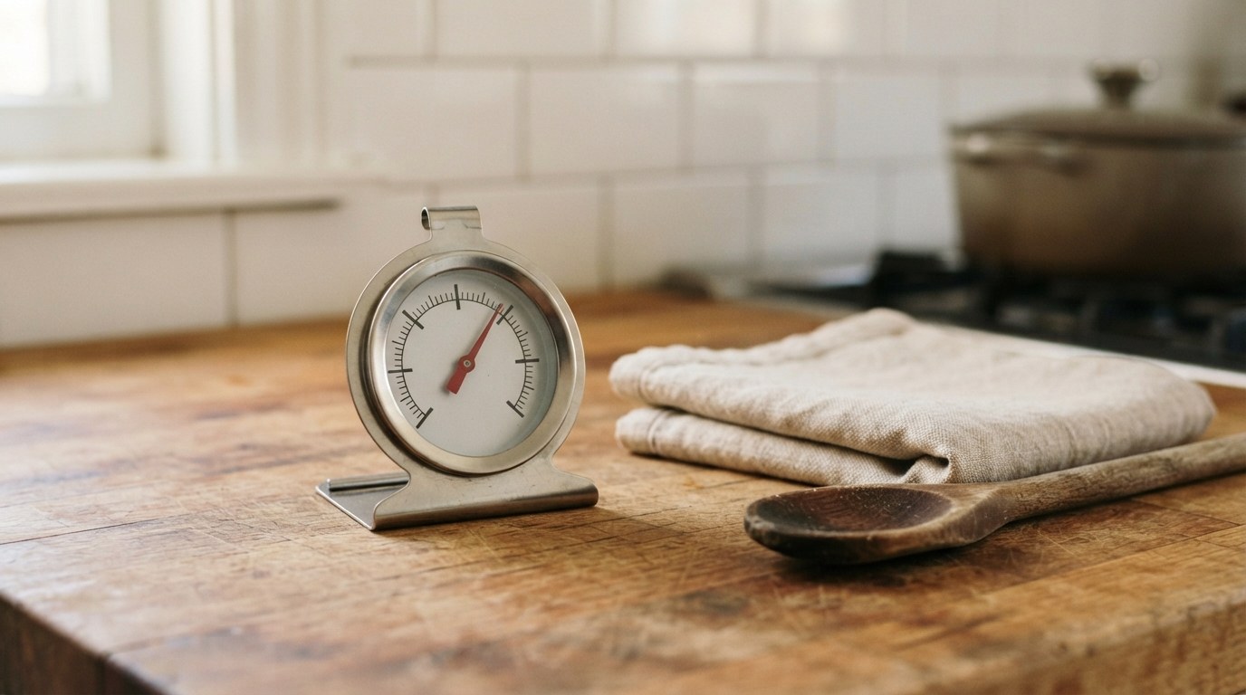 A stainless-steel dial oven thermometer standing on its base on a butcher-block counter beside a folded towel and a wooden spoon