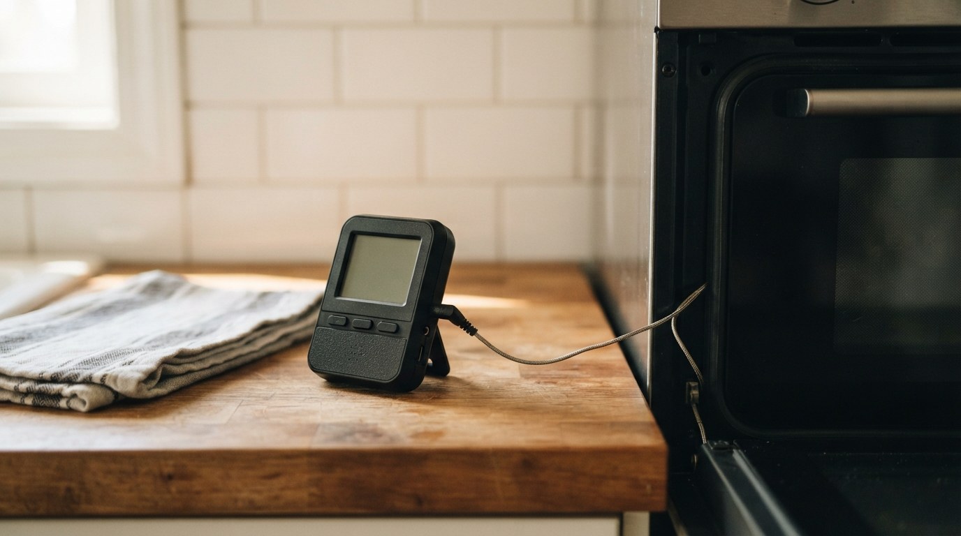 A digital probe thermometer base unit on a counter beside a closed oven door, its cable running into the door seal