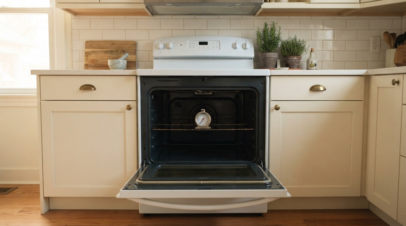 A dial oven thermometer standing alone in the center of the middle rack of an open, empty home oven