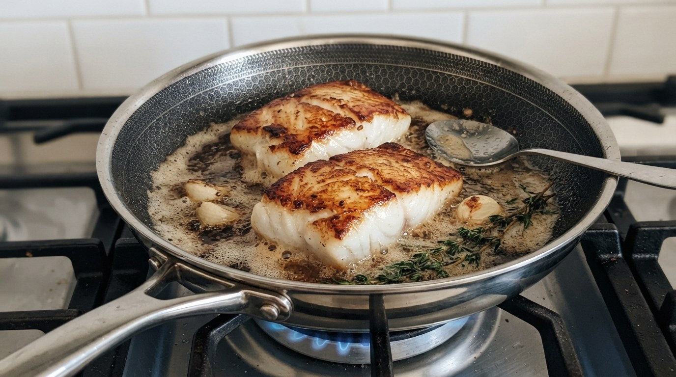 Two golden-crusted halibut fillets in a skillet with foaming butter, smashed garlic cloves and thyme sprigs, a spoon resting in the butter
