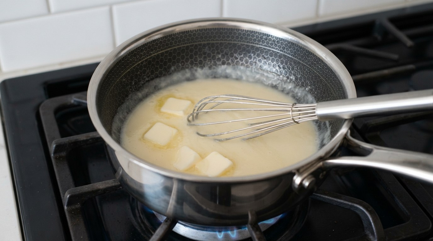 Pale glossy lemon beurre blanc in a small saucepan with cold butter cubes half melted and a whisk resting in the sauce