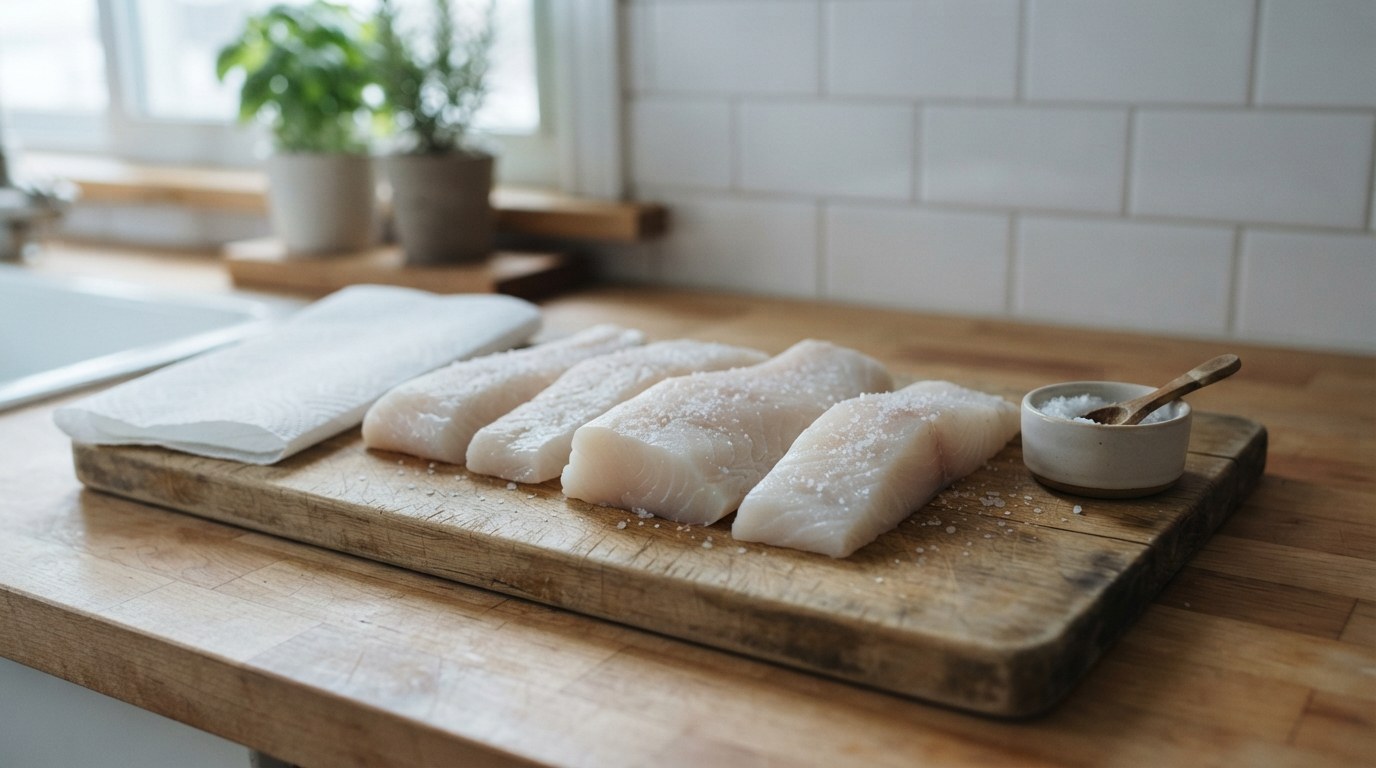 Four thick raw skinless halibut fillets patted dry and salted on a wooden board with a paper towel and a dish of salt