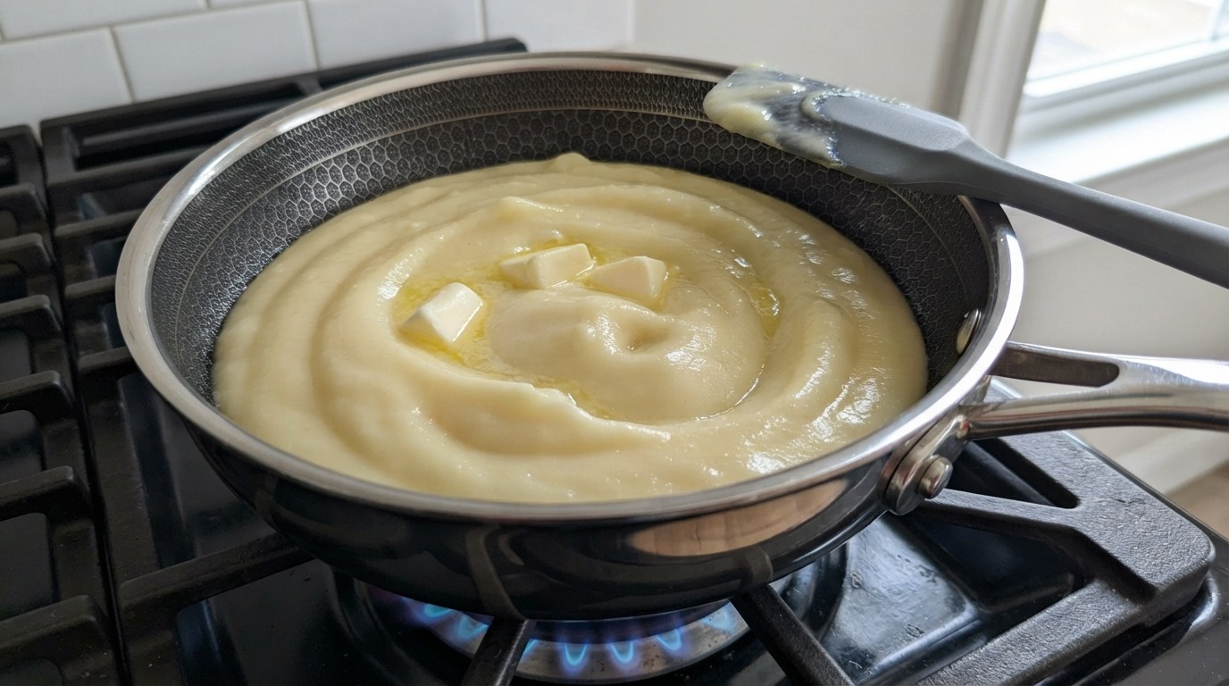 Silky pomme purée in a pan with cubes of cold butter melting into it and a spatula resting at the side