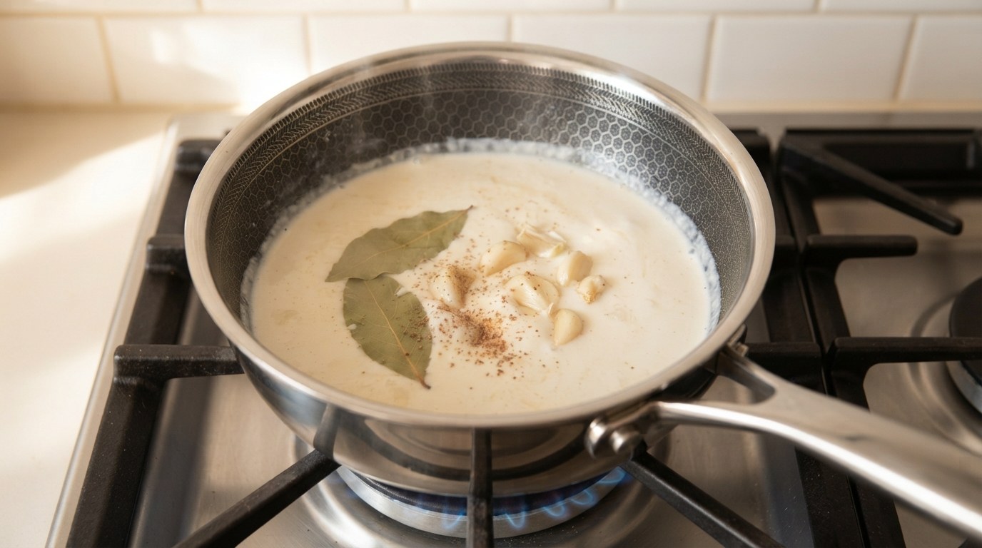 Heavy cream infusing in a small saucepan with bay leaves, crushed garlic cloves and grated nutmeg