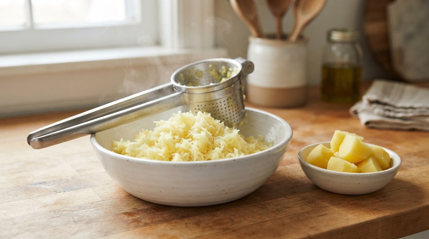 A stainless steel potato ricer resting on a white bowl of freshly riced potato on a wooden counter