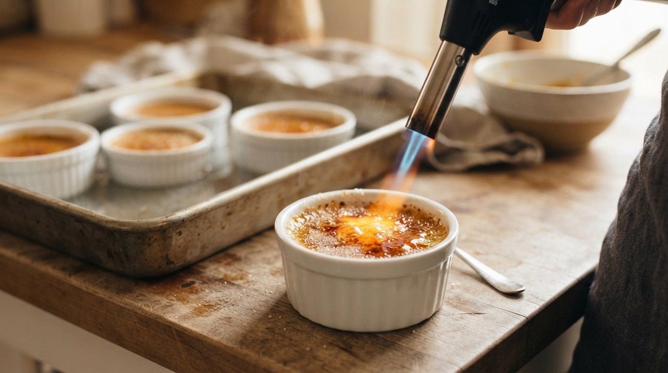 A kitchen torch caramelizing the sugar on top of a pumpkin custard until it turns amber and glassy