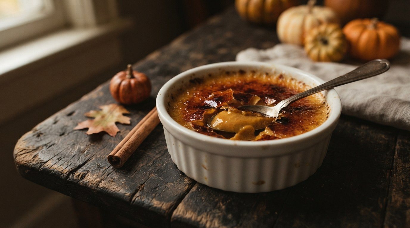 Pumpkin crème brûlée in a ramekin with a cracked glassy caramel top and silky orange custard, cinnamon stick and small pumpkins beside it