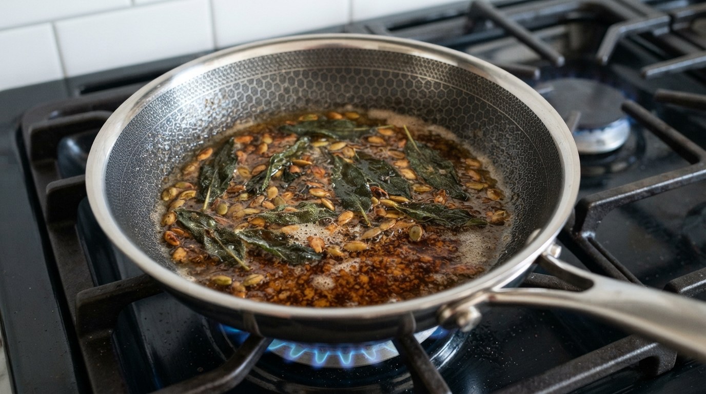 Sage leaves fried crisp with pepitas in nut-brown browned butter in a small frying pan