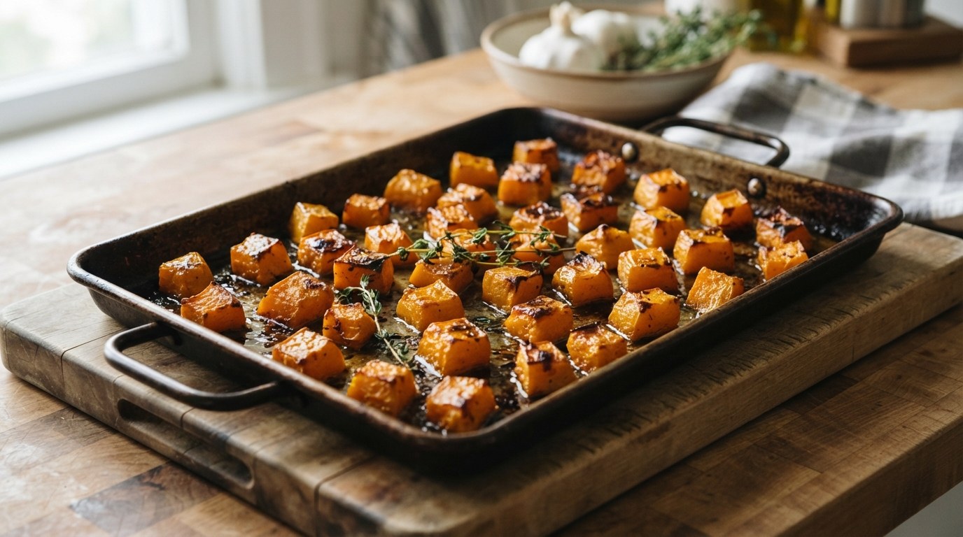 Cubes of sugar pumpkin roasted until tender with caramelized brown edges on a sheet pan with thyme