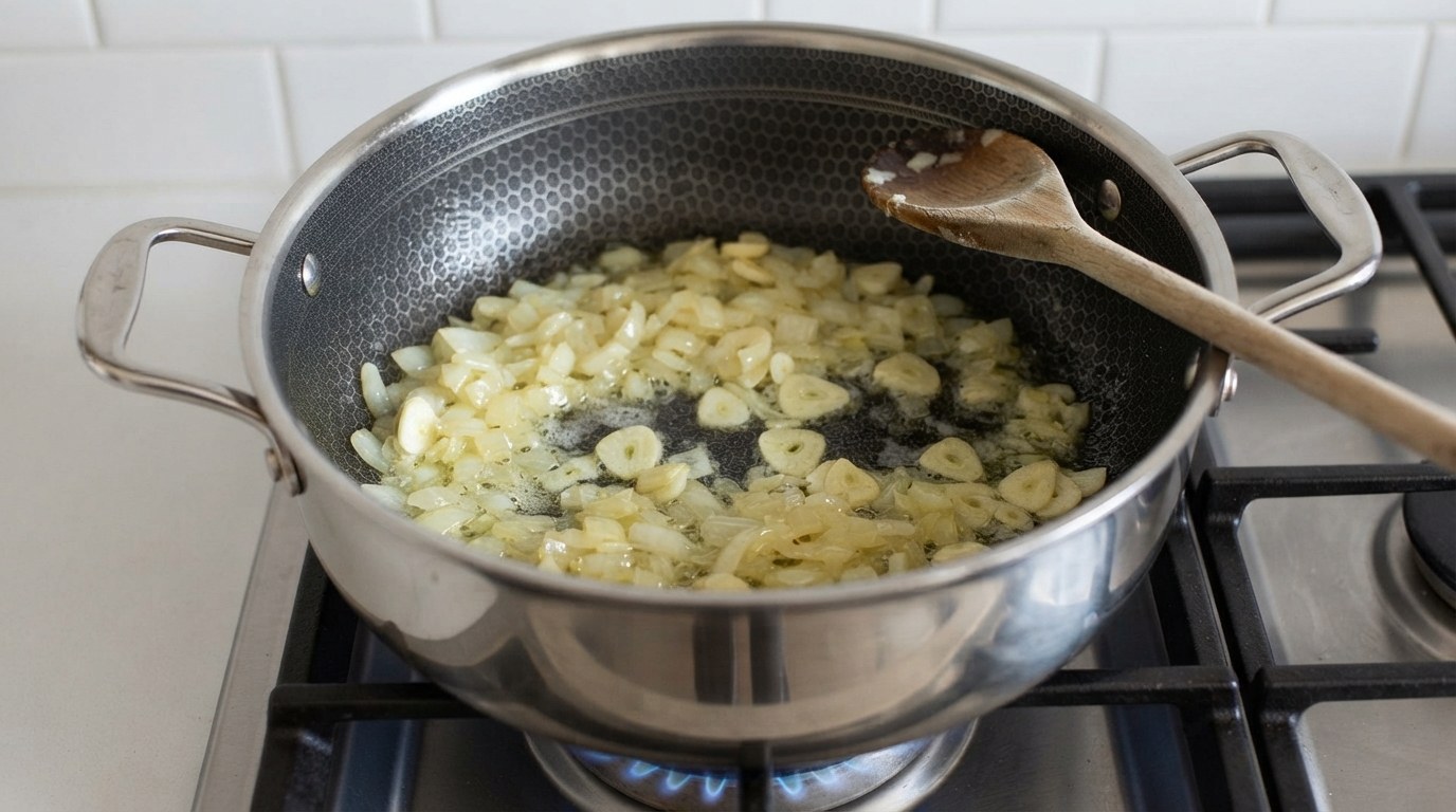 Diced onion and sliced garlic sweating in butter in a stockpot, soft and translucent with no browning