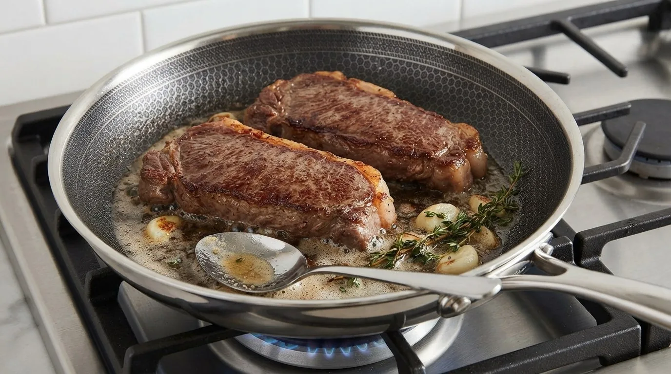 Two seared strip steaks in a hybrid stainless skillet with foaming butter, smashed garlic cloves, thyme sprigs and a basting spoon