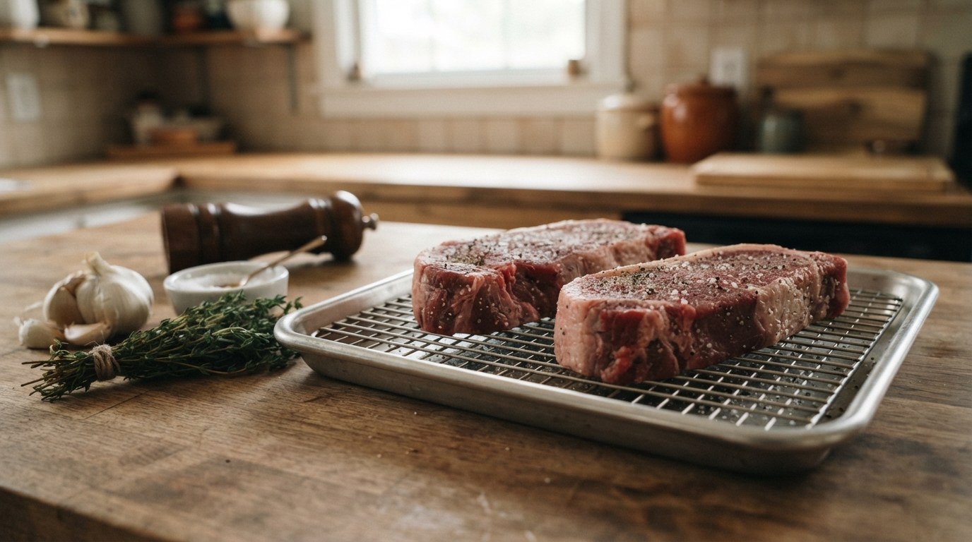 Two thick raw strip steaks seasoned with coarse salt and cracked pepper on a wire rack over a tray, with garlic, thyme and a pepper mill on the counter