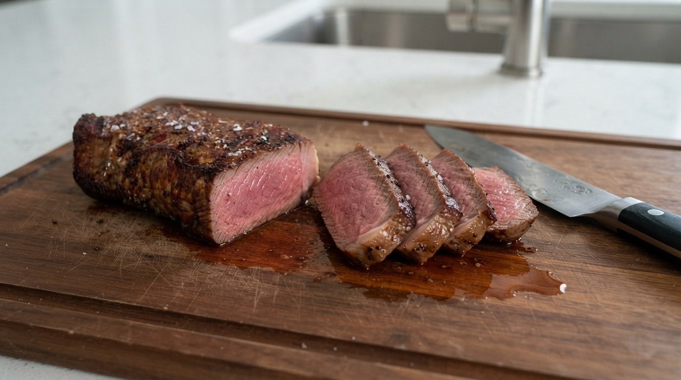 A rested strip steak on a wooden board, partly sliced across the grain to show an even rosy medium-rare interior, a chef's knife beside it