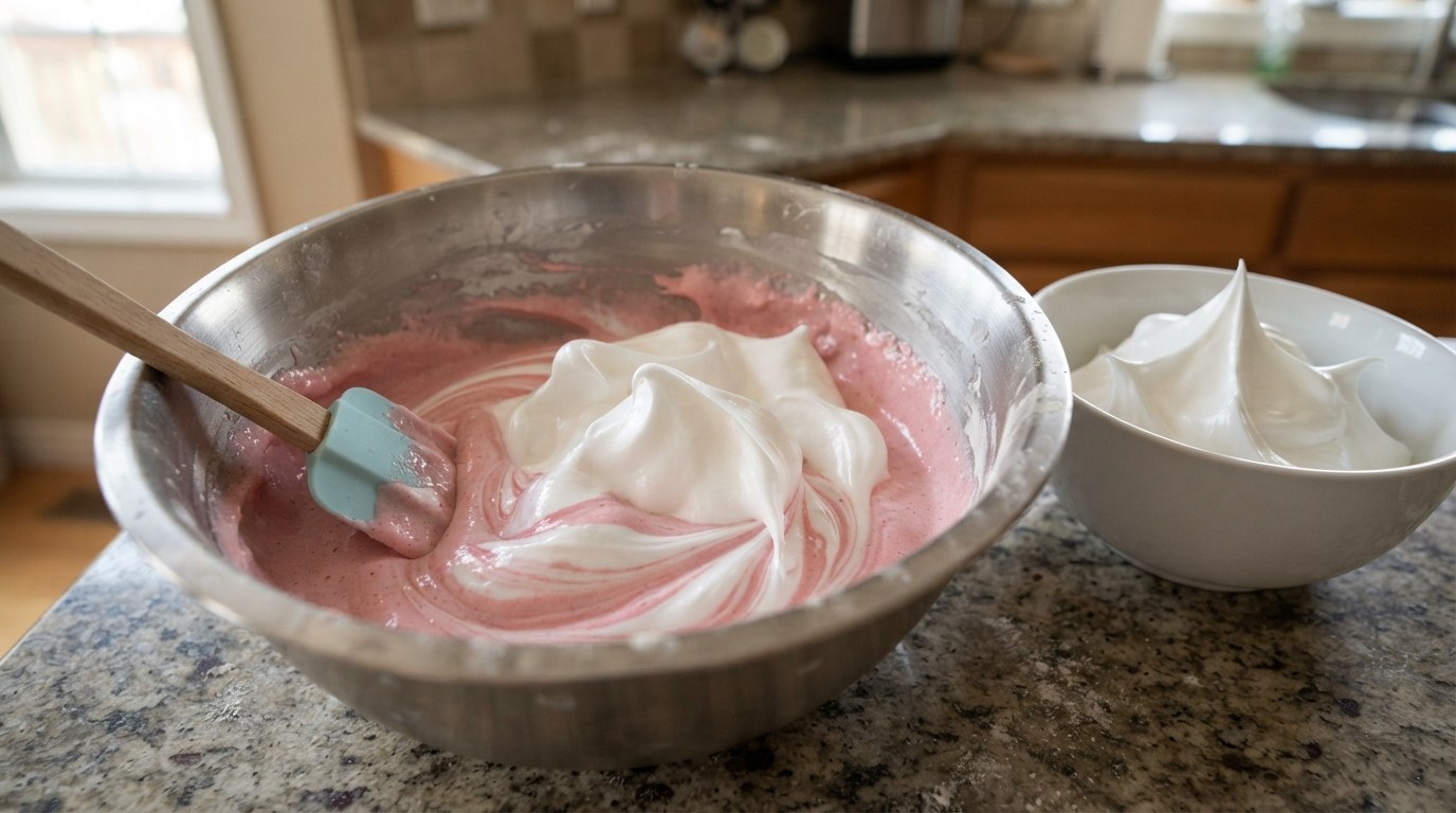 White meringue being folded into a pink raspberry soufflé base in a steel bowl, a second bowl of stiff meringue beside it