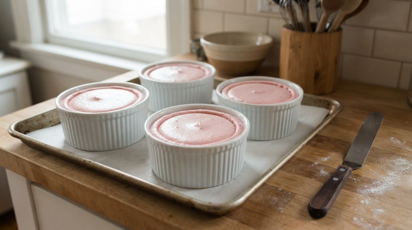 Four ramekins of unbaked raspberry soufflé batter levelled flat with a groove around the rim, on a baking sheet