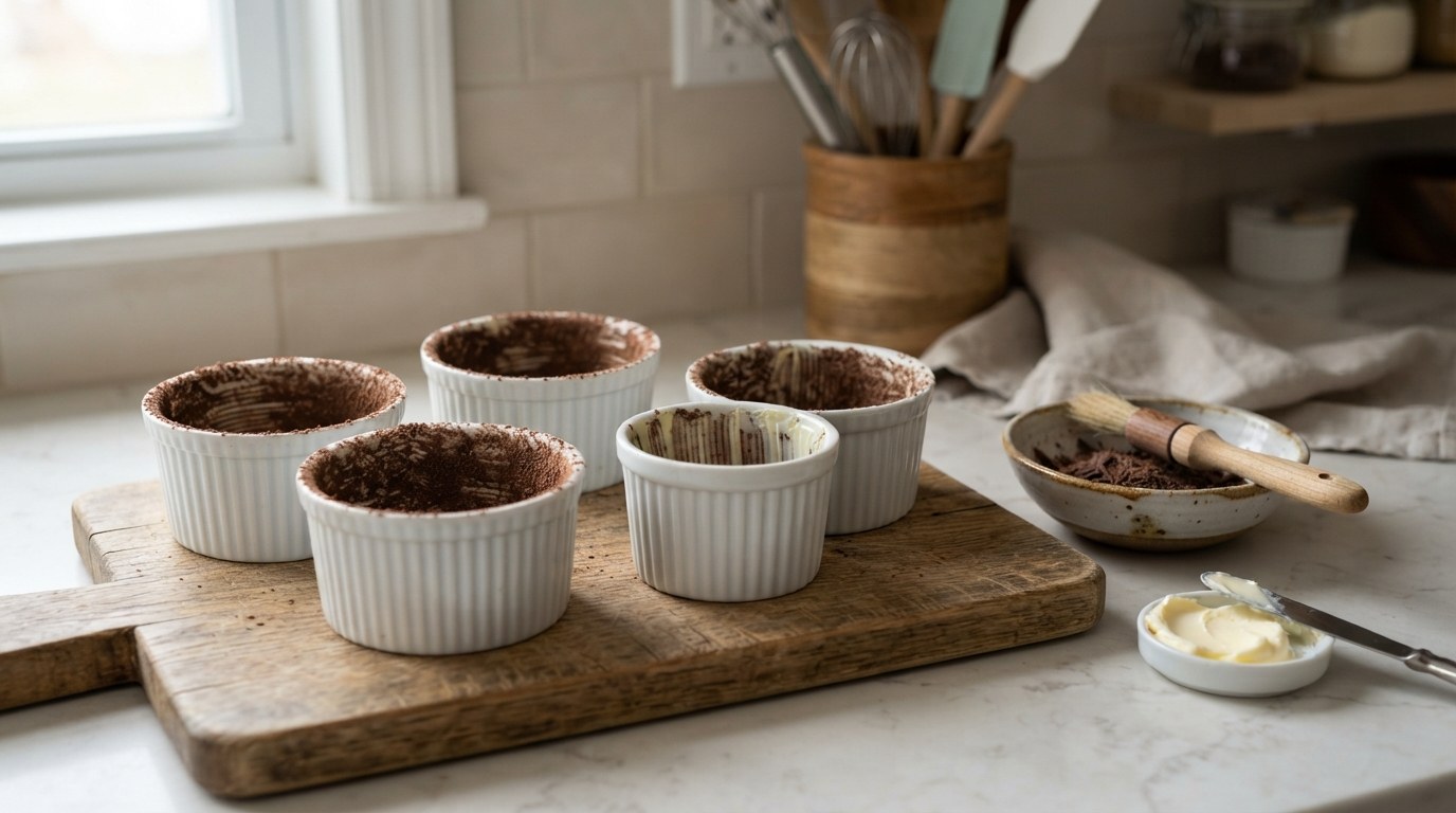 Four white ramekins brushed with butter in vertical strokes and lined with grated dark chocolate, a pastry brush and bowl of chocolate beside them