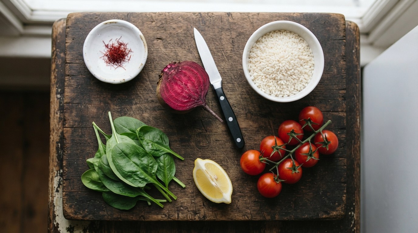 Natural ingredients that color risotto: saffron threads, roasted beetroot, spinach, tomatoes and Arborio rice