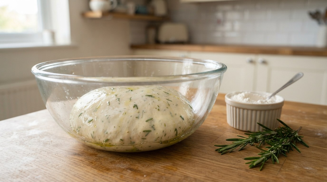 A smooth ball of kneaded dinner roll dough flecked with chopped rosemary in an oiled glass bowl