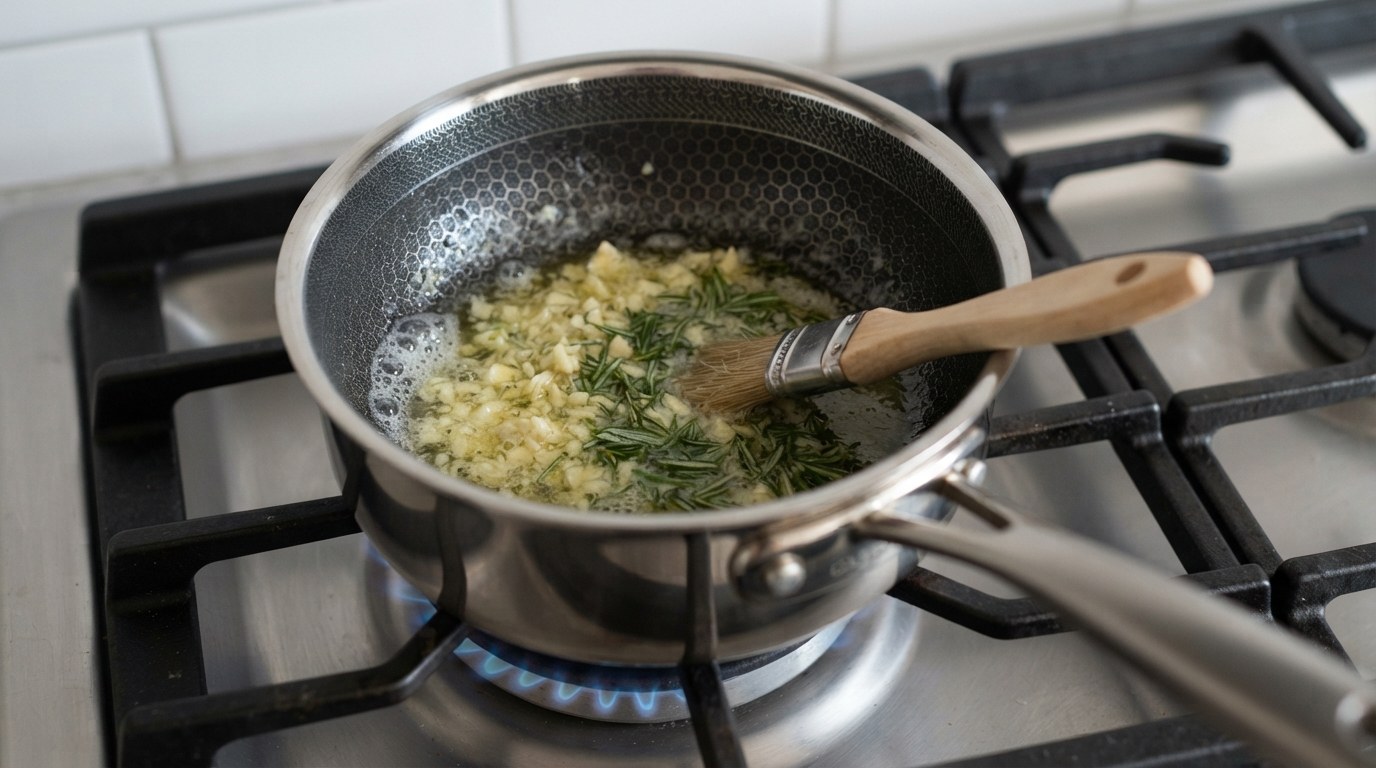 Minced garlic and rosemary warming gently in melted butter in a small saucepan, the garlic still pale