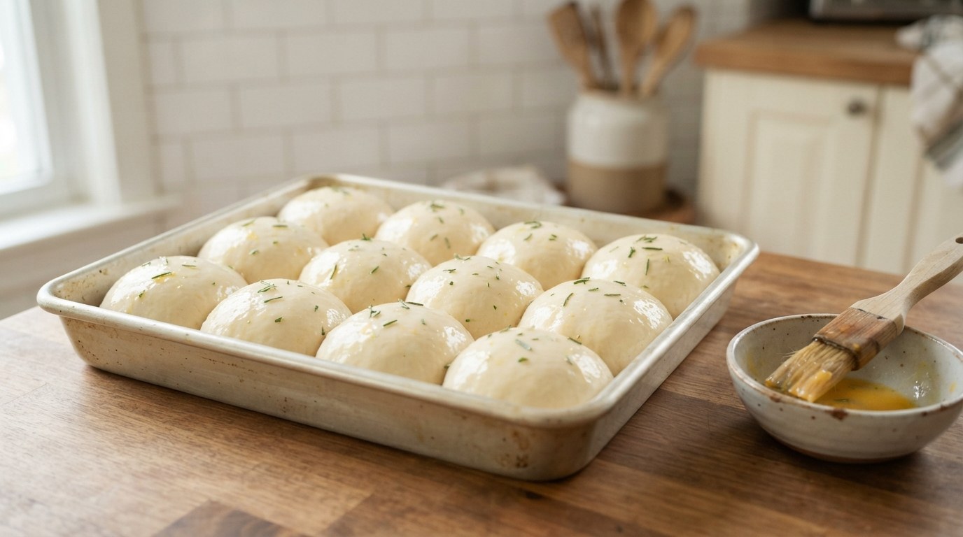 Twelve risen, egg-washed dinner roll dough balls touching in a 9x13 baking pan, ready for the oven