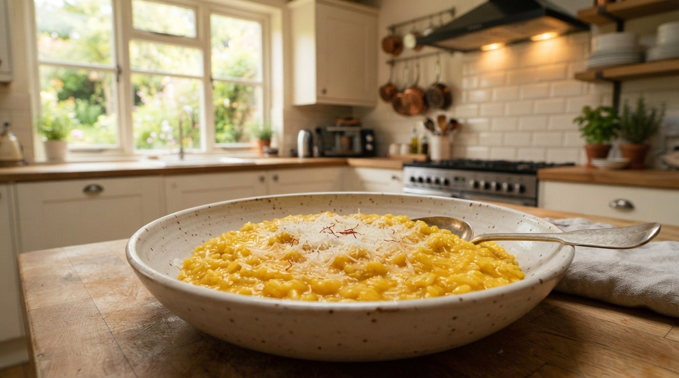 Golden saffron risotto, the color of risotto alla milanese, in a home bowl